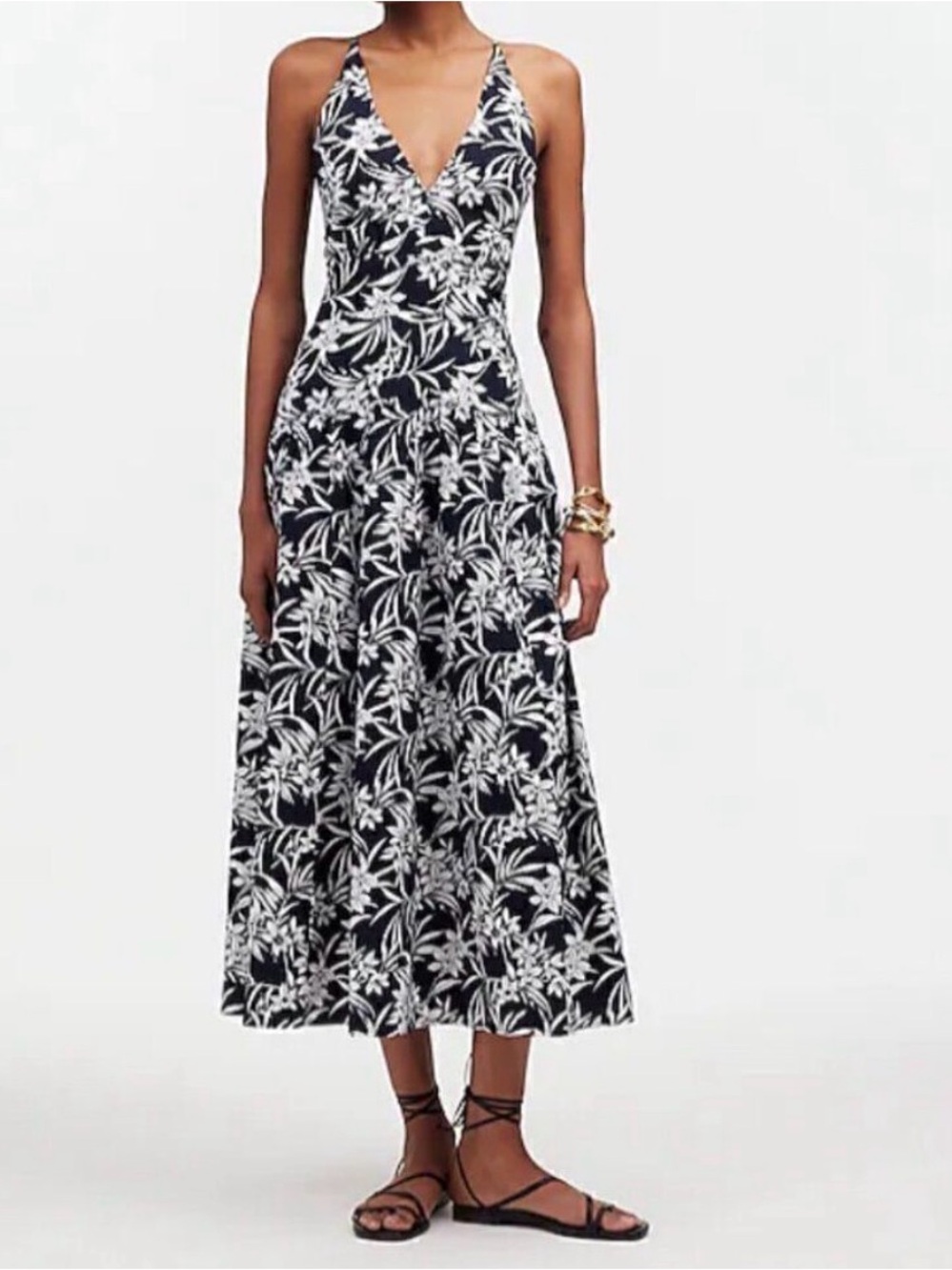 Madewell Smocked Halter Midi Dress In Poplin Deep Indigo Floral Women’s 2/Small